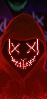 Neon mask with red hood and glowing elements wallpaper.