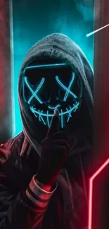 Hooded figure with neon mask and glowing red lines.