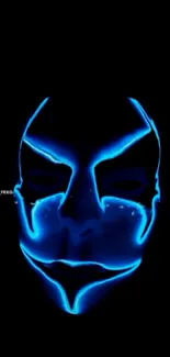 Neon mask with a blue glow on a dark background.