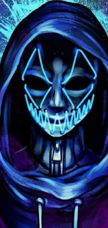 Mysterious hooded figure with neon mask art in blue and purple hues.