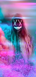 Neon mask with colorful smoke and hooded figure.