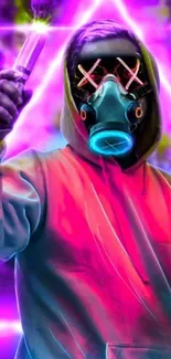 Futuristic neon masked figure with vibrant background.