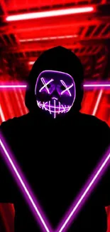 Mysterious figure with neon mask in a red tunnel glowing brightly.