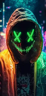 Neon mask in vibrant urban city background with electric lights.