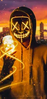 Vibrant wallpaper of a neon-lit hooded figure with an illuminated mask at sunset.