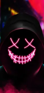 Neon mask with glowing smile and urban backdrop.