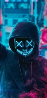 Neon mask figure in urban setting, exuding mysterious vibes.