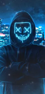 Neon mask figure in dark hoodie with city lights background.