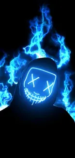 Neon mask with blue flames on a dark background.