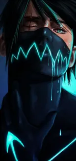 Vibrant neon-glowing masked anime character on dark blue background.