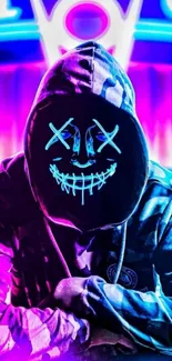 Neon masked figure with hoodie in vibrant colors.