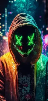 Neon masked figure in a vibrant urban night setting.