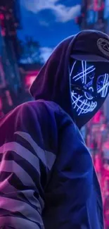 Neon cyberpunk wallpaper with masked figure in a futuristic cityscape.