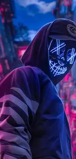 Neon masked figure in urban setting, night wallpaper.