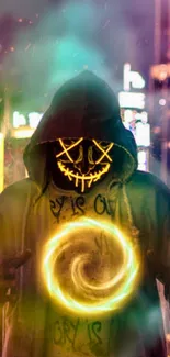 Mystic hooded figure in neon colors with swirling light effect, creating cyberpunk vibe.