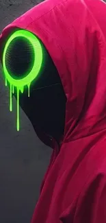 Mysterious figure wearing pink hood with neon green mask against dark background.