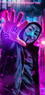 Neon masked figure in urban setting, vibrant colors and dice in hand.