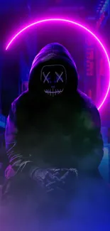 Hooded figure with neon mask under a purple sky.