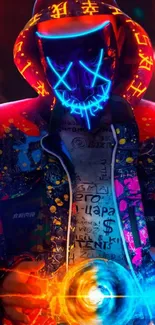 Vibrant neon masked figure glowing in urban setting.