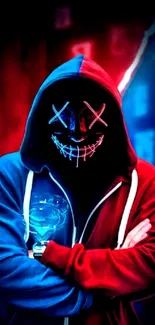 Neon masked figure with vibrant colors in a digital art style, hooded and mysterious.