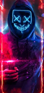 Neon masked figure with vibrant glowing colors.