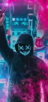 Vibrant neon wallpaper with a masked figure holding a flare.