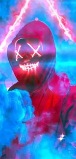 Neon masked figure in blue and pink hues for a vibrant phone wallpaper.