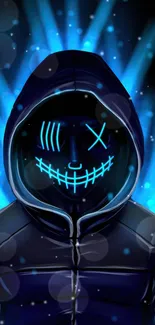 Mysterious hooded figure with a neon mask glowing in blue.