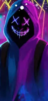 Neon hooded figure with glowing mask on a vibrant background.