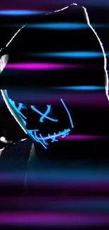 Neon masked figure in hood with blue and purple lines on dark background.