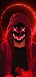 A neon red hooded figure with a glowing mask in dark art style.