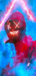 Hooded figure with neon mask in vibrant colors.