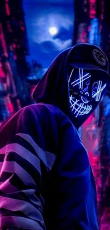 Neon-masked figure in a vibrant, urban night scene.