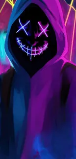 Neon hooded figure with glowing mask in vibrant colors.