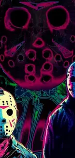 Neon horror wallpaper with masked figures and vibrant colors.