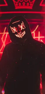 Neon masked figure against a vivid red backdrop.