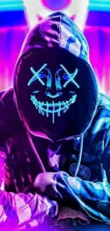 Neon masked figure with vibrant colors.