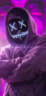 Mysterious figure in neon mask with purple hoodie, vibrant street art style.