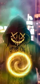 A neon-masked figure with glowing effects in a cityscape.