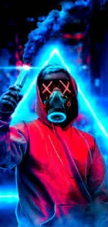 A masked figure in a neon blue and red urban landscape.