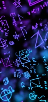 Vibrant neon math equations on a dark background.