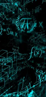 Neon cyan wallpaper with math equations and formulas glowing in the dark.