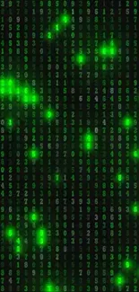 Neon green matrix code wallpaper glowing on a dark background.