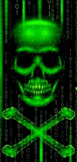 Neon green matrix skull and crossbones with digital binary background.