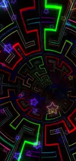 Vibrant neon maze wallpaper with star patterns.