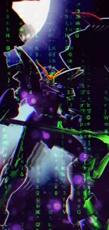 Neon mecha silhouetted against a lunar background with vibrant colors.