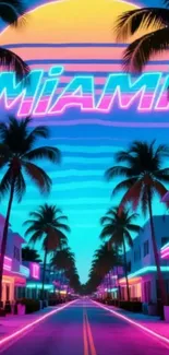 Neon Miami sunset with palm trees and cityscape.