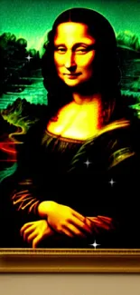 Neon-themed Mona Lisa mobile wallpaper in vibrant green hues with a classic frame.