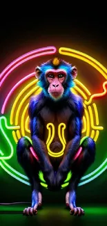 Vibrant neon monkey art with bright colors and intricate design on a dark background.