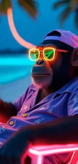 A neon-lit monkey relaxes on a tropical beach with a drink at sunset.